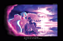 Size: 3000x1957 | Tagged: safe, artist:cigitia, princess celestia, twilight sparkle, twilight sparkle (alicorn), alicorn, pony, magical mystery cure, before and after, celestia's ballad, ethereal mane, eye contact, female, future, golden ratio, lyrics, mare, momlestia, ocean, reflection, ripple, scenery, singing, smiling, spread wings, sunset, swanlestia