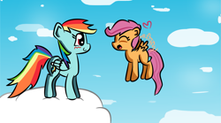 Size: 2403x1337 | Tagged: safe, artist:mcsarts, rainbow dash, scootaloo, pegasus, pony, cloud, cloudy, flying, scootaloo can fly