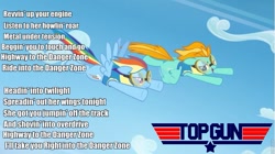 Size: 961x539 | Tagged: safe, lightning dust, rainbow dash, pegasus, pony, wonderbolts academy, danger zone, highway to the danger zone, kenny loggins, lyrics, song, top gun