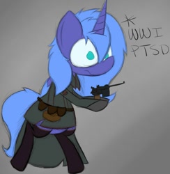 Size: 977x1002 | Tagged: safe, artist:booker-the-dewitt, princess luna, alicorn, pony, battlefield, battlefield 1, bipedal, clothes, gradient background, gun, handgun, hoof hold, mauser c96, military uniform, pistol, ptsd, s1 luna, solo, video game, weapon, wide eyes, world war i