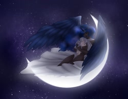 Size: 1800x1400 | Tagged: safe, artist:rainbowhitter, princess luna, human, baby, dark skin, female, horned humanization, humanized, male, maternaluna, moon, mother and child, mother and son, motherly, night, parent and child, solo, speedpaint, winged humanization