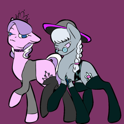 Size: 800x800 | Tagged: safe, artist:00happyhooves00, artist:icey-wicey-1517, diamond tiara, silver spoon, earth pony, pony, collaboration, choker, clothes, duo, female, glasses, goth, hat, jewelry, mare, older, older diamond tiara, older silver spoon, purple background, shirt, simple background, socks, stockings, sun hat, tattoo, thigh highs, tiara