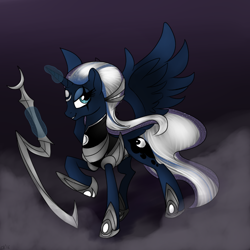 Size: 800x800 | Tagged: safe, artist:chickenbrony, princess luna, alicorn, pony, armor, blade, crossover, diana, league of legends, magic, night, simple background, smiling, solo, spread wings, standing