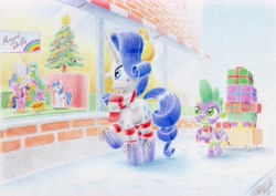 Size: 4615x3270 | Tagged: safe, artist:xeviousgreenii, princess cadance, princess celestia, princess flurry heart, rarity, shining armor, spike, alicorn, dragon, pony, unicorn, absurd resolution, boots, christmas, christmas tree, clothes, helping, male, present, scarf, shipping, shopping, socks, sparity, straight, striped socks, toy, traditional art, tree