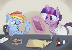 Size: 1040x728 | Tagged: safe, artist:yeendip, rainbow dash, twilight sparkle, pegasus, pony, bored, clothes, duo, goggles, lab coat, laboratory, magic, science