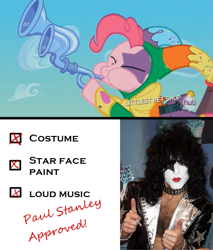 Size: 651x765 | Tagged: safe, edit, edited screencap, screencap, pinkie pie, earth pony, pony, the crystal empire, checklist, comparison, face paint, female, flugelhorn, hub logo, jester, jester pie, kiss (band), mare, paul stanley