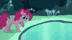 Size: 480x270 | Tagged: safe, screencap, pinkie pie, earth pony, pony, too many pinkie pies, animated, cave, cave pool, mirror pool, solo