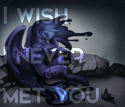 Size: 1260x1080 | Tagged: safe, artist:hanabitaihou, edit, editor:bitz, princess luna, alicorn, pony, semi-anthro, crying, fine art parody, solo, text