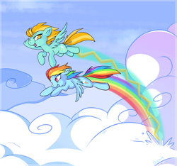 Size: 1000x934 | Tagged: safe, artist:lustrous-dreams, lightning dust, rainbow dash, pegasus, pony, cloud, flying, rainbow trail, trail