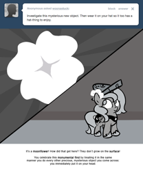 Size: 666x800 | Tagged: safe, artist:egophiliac, princess luna, alicorn, pony, cartographer's cap, filly, grayscale, hat, monochrome, moonflower, moonstuck, solo, woona, younger