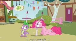 Size: 853x460 | Tagged: safe, screencap, pinkie pie, spike, dragon, earth pony, pony, too many pinkie pies, pecan, pecan pie, sad, youtube caption