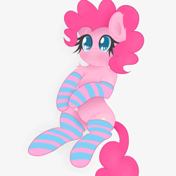 Size: 1200x1200 | Tagged: safe, artist:zlight, pinkie pie, pony, clothes, explicit source, female, looking at you, simple background, socks, solo, stockings, striped socks, thigh highs