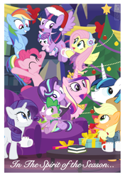 Size: 840x1190 | Tagged: safe, artist:dm29, applejack, fluttershy, pinkie pie, princess cadance, princess flurry heart, rainbow dash, rarity, shining armor, spike, starlight glimmer, twilight sparkle, twilight sparkle (alicorn), alicorn, dragon, earth pony, pegasus, pony, unicorn, auntie twilight, christmas, christmas tree, hearth's warming, mane seven, mane six, tree