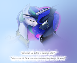 Size: 1400x1140 | Tagged: safe, artist:darkflame75, princess celestia, princess luna, alicorn, pony, crying, feels, female, immortality blues, love, lunadoodle, sad, sisters