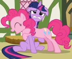 Size: 851x701 | Tagged: safe, screencap, pinkie pie, twilight sparkle, earth pony, pony, too many pinkie pies, hug