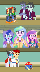 Size: 640x1147 | Tagged: safe, artist:karalovely, dean cadance, neon lights, princess cadance, princess celestia, princess luna, principal celestia, ringo, rising star, vice principal luna, oc, oc:chris matta, oc:track sonter, equestria girls, friendship games, bird house, clothes, crystal prep academy, crystal prep academy uniform, crystal prep shadowbolts, school uniform, wondercolts