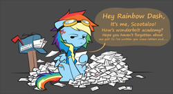 Size: 975x532 | Tagged: safe, artist:secret-pony, rainbow dash, pegasus, pony, both cutie marks, mail, wonderbolt trainee uniform