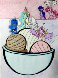 Size: 2041x2744 | Tagged: safe, artist:darkest-lunar-flower, pinkie pie, princess cadance, princess celestia, princess luna, twilight sparkle, twilight sparkle (alicorn), alicorn, earth pony, pony, angry, cherry, happy, heart, ice cream, luna is not amused, traditional art