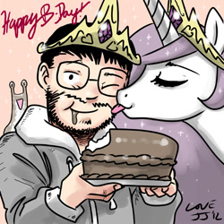 Size: 800x800 | Tagged: safe, artist:johnjoseco, princess celestia, human, ask princess molestia, birthday, cake, happy birthday, kissing, princess molestia, slug, slugbox