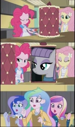 Size: 605x1024 | Tagged: safe, edit, edited screencap, screencap, dean cadance, fluttershy, maud pie, pinkie pie, princess cadance, princess celestia, princess luna, principal celestia, vice principal luna, equestria girls, friendship games, hearthbreakers, exploitable meme, inside the cake meme, meme