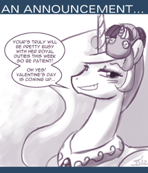 Size: 650x755 | Tagged: safe, artist:johnjoseco, princess celestia, smarty pants, alicorn, pony, ask princess molestia, monochrome, princess molestia, solo