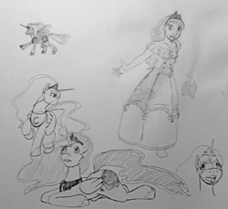 Size: 979x896 | Tagged: safe, artist:fuzzyfurvert, princess luna, human, crown, cutie mark, dialogue, humanized, jewelry, looking at you, monochrome, petticoat, regalia, sketch, sketch dump