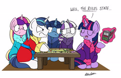 Size: 2301x1487 | Tagged: safe, artist:bobthedalek, night light, princess cadance, shining armor, twilight sparkle, twilight sparkle (alicorn), twilight velvet, alicorn, pony, unicorn, angry, argument, bathrobe, clothes, dialogue, eyes closed, frown, levitation, magic, monopoly, open mouth, rules lawyer, simple background, sitting, table, telekinesis, this will end in tears, this will not end well, white background