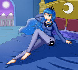 Size: 2200x2000 | Tagged: safe, artist:focusb, princess luna, human, arm behind head, balcony, barefoot, bed, bedroom eyes, clothes, cute, cutie mark on human, feet, humanized, looking at you, moon, night, pants, pose, sitting, smiling, solo