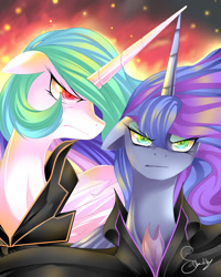 Size: 800x1000 | Tagged: safe, artist:the0ne-u-lost, princess celestia, princess luna, alicorn, pony, angry, clothes, evil, evil celestia, evil luna, evil sisters, floppy ears, glare, looking at you