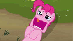 Size: 1366x768 | Tagged: safe, screencap, pinkie pie, earth pony, pony, too many pinkie pies, female, inverted mouth, mare, pink coat, pink mane