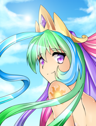 Size: 762x1000 | Tagged: safe, artist:the0ne-u-lost, princess celestia, human, cleavage, female, humanized, long hair, looking at you, smiling, solo