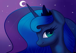 Size: 761x537 | Tagged: safe, artist:dezalouscancer, princess luna, alicorn, pony, looking at you, moon, smiling, solo, stars