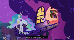 Size: 632x350 | Tagged: source needed, safe, screencap, princess celestia, twilight sparkle, alicorn, pony, ambiguous, cool, golden oaks library, meme, night, youtube caption