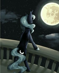 Size: 484x599 | Tagged: safe, artist:lumiere-the-artist, princess luna, alicorn, pony, balcony, bipedal, bipedal leaning, leaning, mare in the moon, moon, night, s1 luna, solo, stars