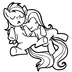 Size: 945x945 | Tagged: safe, artist:megasweet, fluttershy, rainbow dash, pegasus, pony, duo, lineart, monochrome, sleeping, snuggling