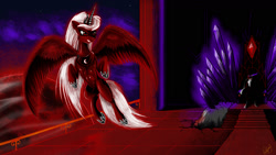 Size: 1600x900 | Tagged: safe, artist:darkrainbowman, king sombra, princess luna, alicorn, pony, unicorn, angry, blood moon, fight, moon