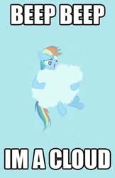 Size: 288x444 | Tagged: safe, rainbow dash, pegasus, pony, beep beep, blue coat, cloud, female, mare, multicolored mane