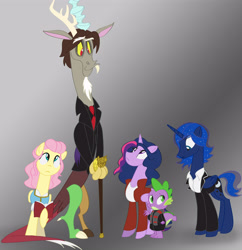 Size: 4364x4500 | Tagged: safe, artist:kimberlycolors, discord, fluttershy, princess luna, spike, twilight sparkle, twilight sparkle (alicorn), alicorn, dragon, pegasus, pony, absurd resolution, belle gold, crossover, emma swan, henry mills, mr. gold, once upon a time, regina mills