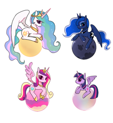 Size: 1024x1117 | Tagged: safe, artist:9seconds, princess cadance, princess celestia, princess luna, twilight sparkle, twilight sparkle (alicorn), alicorn, pony, alicorn tetrarchy, cute, female, jewelry, looking at you, mare, moon, orb, profile, prone, regalia, simple background, spread wings, sun, tangible heavenly object, white background