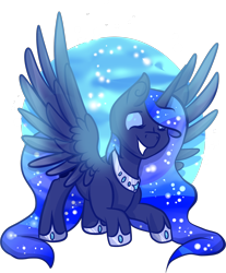 Size: 1766x2135 | Tagged: safe, artist:kirakamaura, artist:olivecow, princess luna, alicorn, pony, eyes closed, female, jewelry, regalia, smiling, solo