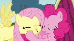 Size: 720x405 | Tagged: safe, edit, edited screencap, screencap, fluttershy, pinkie pie, earth pony, pegasus, pony, too many pinkie pies, animated, dashface, duo, face grab, loop, reversed, squishy, squishy cheeks