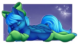 Size: 1280x746 | Tagged: safe, artist:dunnowhattowrite, oc, oc only, oc:sapphire glow, pegasus, pony, clothes, cute, ocbetes, sleeping, stockings, thigh highs, ych result