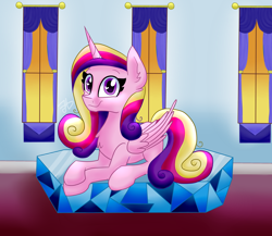 Size: 3048x2651 | Tagged: safe, artist:partylikeanartist, princess cadance, alicorn, pony, crystal empire, heart eyes, prone, solo, wingding eyes