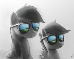 Size: 885x715 | Tagged: safe, artist:raikoh, rainbow dash, scootaloo, pegasus, pony, female, mare, sunglasses, wings