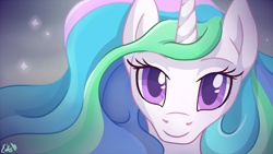 Size: 1536x864 | Tagged: safe, artist:oemilythepenguino, princess celestia, alicorn, pony, female, horn, looking at you, mare, multicolored mane, solo, white coat