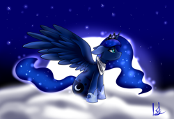 Size: 2000x1367 | Tagged: safe, artist:sonigiraldo, princess luna, alicorn, pony, bandana, cloud, cute, floppy ears, lunabetes, moon, sad, sitting, solo, spread wings