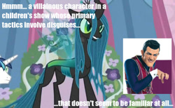 Size: 623x383 | Tagged: safe, edit, edited screencap, screencap, queen chrysalis, shining armor, changeling, changeling queen, pony, unicorn, character comparison, comparison, female, image macro, lazytown, meme, robbie rotten, song in the comments, we are number one in the comments