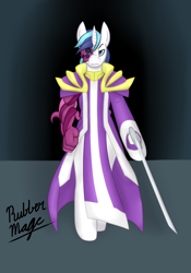 Size: 1396x1989 | Tagged: safe, artist:nonuberis, artist:rubbermage, shining armor, anthro, unguligrade anthro, armor, eye, eyes, legs, robes, shoulder pauldron, solo, sword, tentacles, transformation, weapon