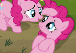 Size: 675x470 | Tagged: safe, screencap, pinkie pie, earth pony, pony, too many pinkie pies, animated, blinking, clone, clones, comforting, cropped, crossed hooves, crying, cute, dirt, duo, gif, grass, ground, hoof on head, hooves together, laying on ground, loop, multeity, pinkie clone, scrunchy face, self paradox, solo, talking, teary eyes, too much pink energy is dangerous, wavy mouth