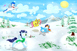 Size: 3600x2400 | Tagged: safe, artist:ac-whiteraven, fluttershy, rainbow dash, soarin', pegasus, pony, crash, face down ass up, faceplant, snow, snowfall